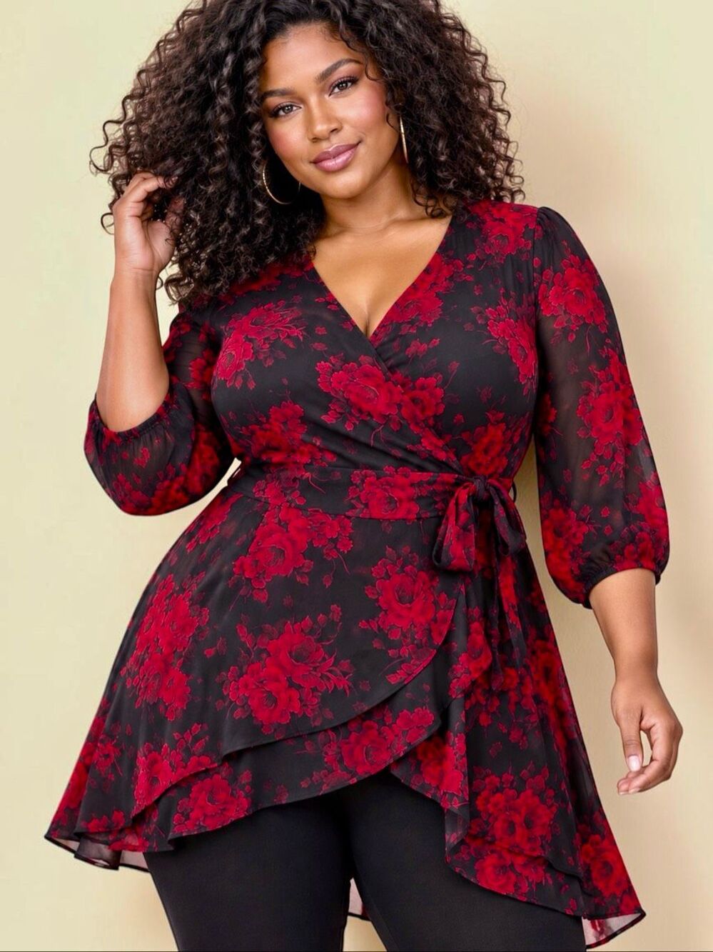 Torrid Georgette Floral Faux Wrap Tunic Blouse Black Red Size 1 1X NWT